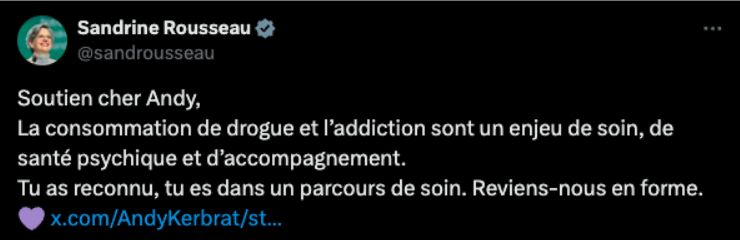 Tweet de Sandrine Rousseau au sujet d'Andy Kerbrat